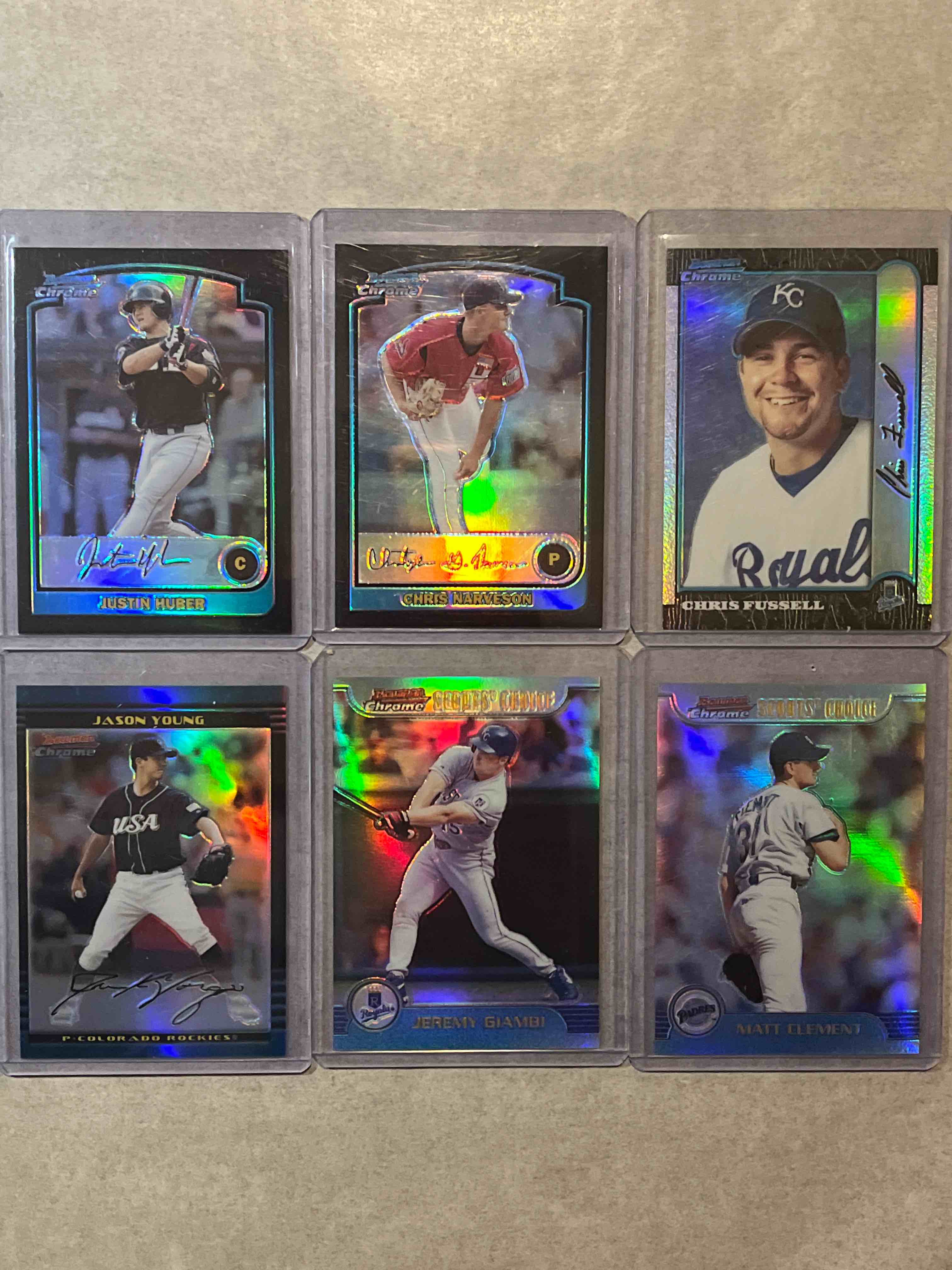 (6) Card lot 1999 to 2003 Topps Bowman Chrome Refractors!! Matt Clement, Jeremy Giambi, Jason Young #d 073/300 & more!!