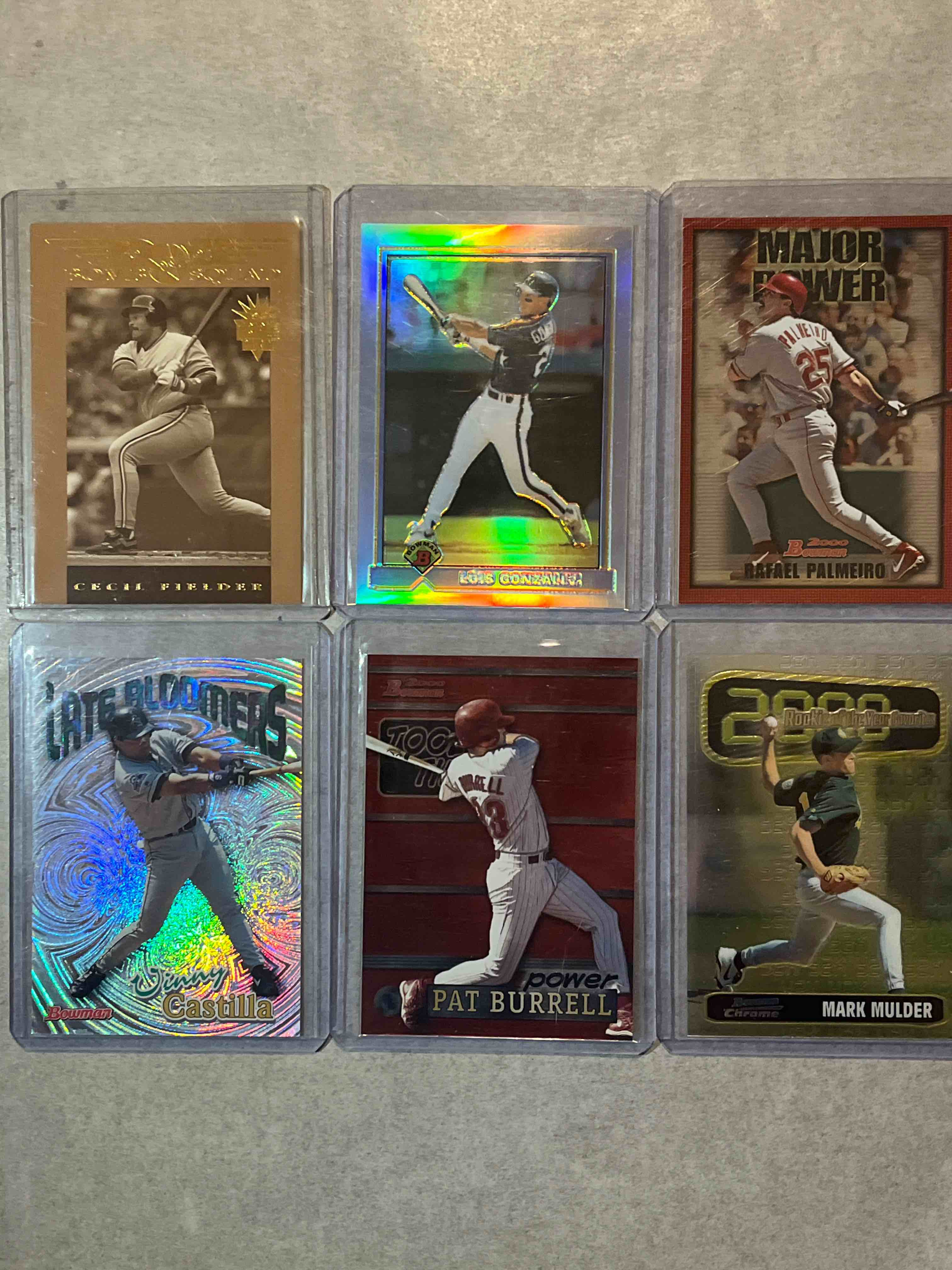 (6) Card lot 90’s & 00’s Topps Bowman Baseball Cards- Inserts & Refractors! Cecil Fielder Bomb Squad, Luis Gonzalez Bowman Chrome Reprint Refractor & more!!