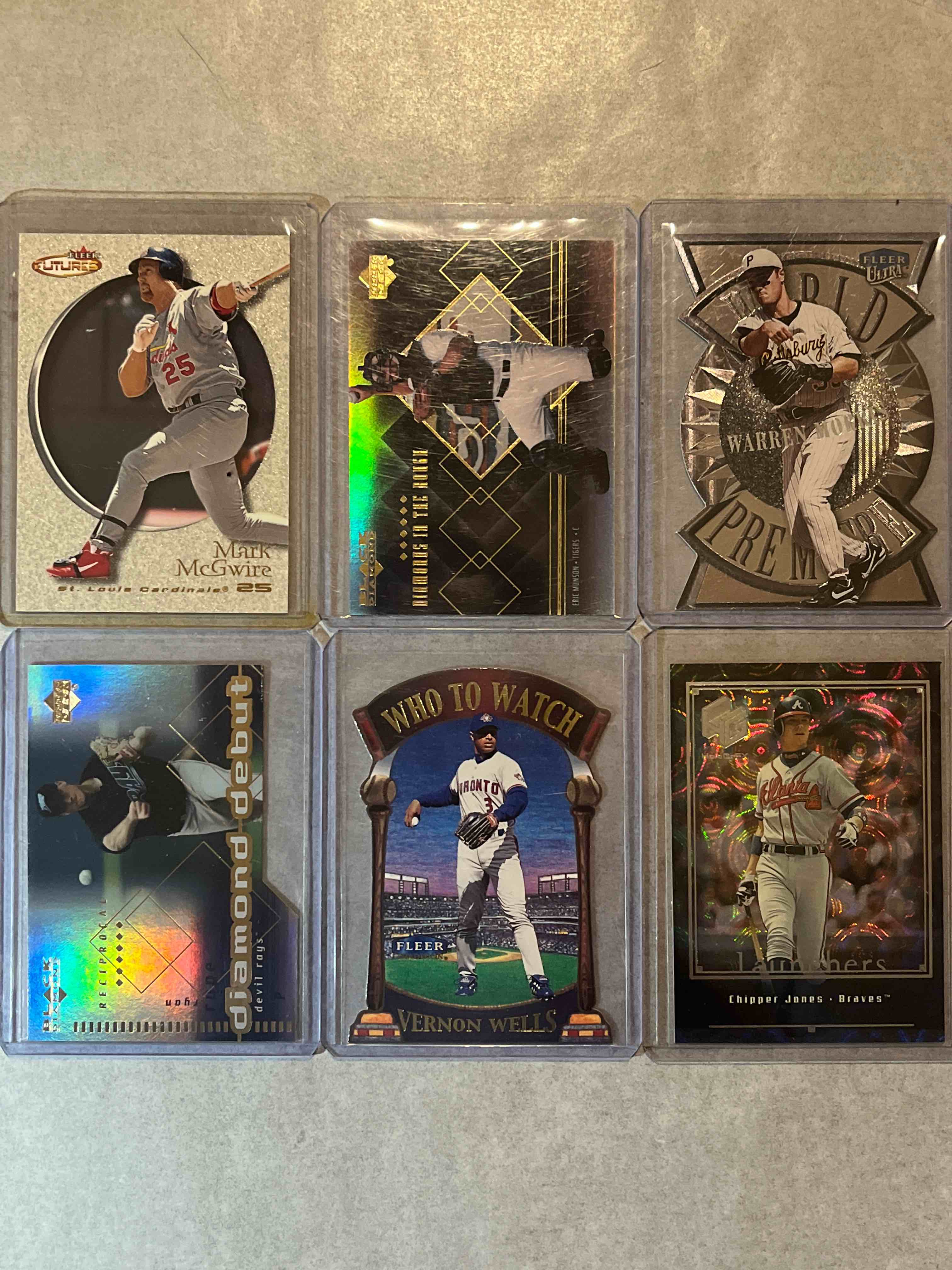 (6) Card lot 90’s & 00’s Baseball Inserts, Rookie Parallels & Die-cuts!! Fleer Futures Mark McGwire, Upper Deck Holo Graphix FX Launchers Chipper Jones & more!!