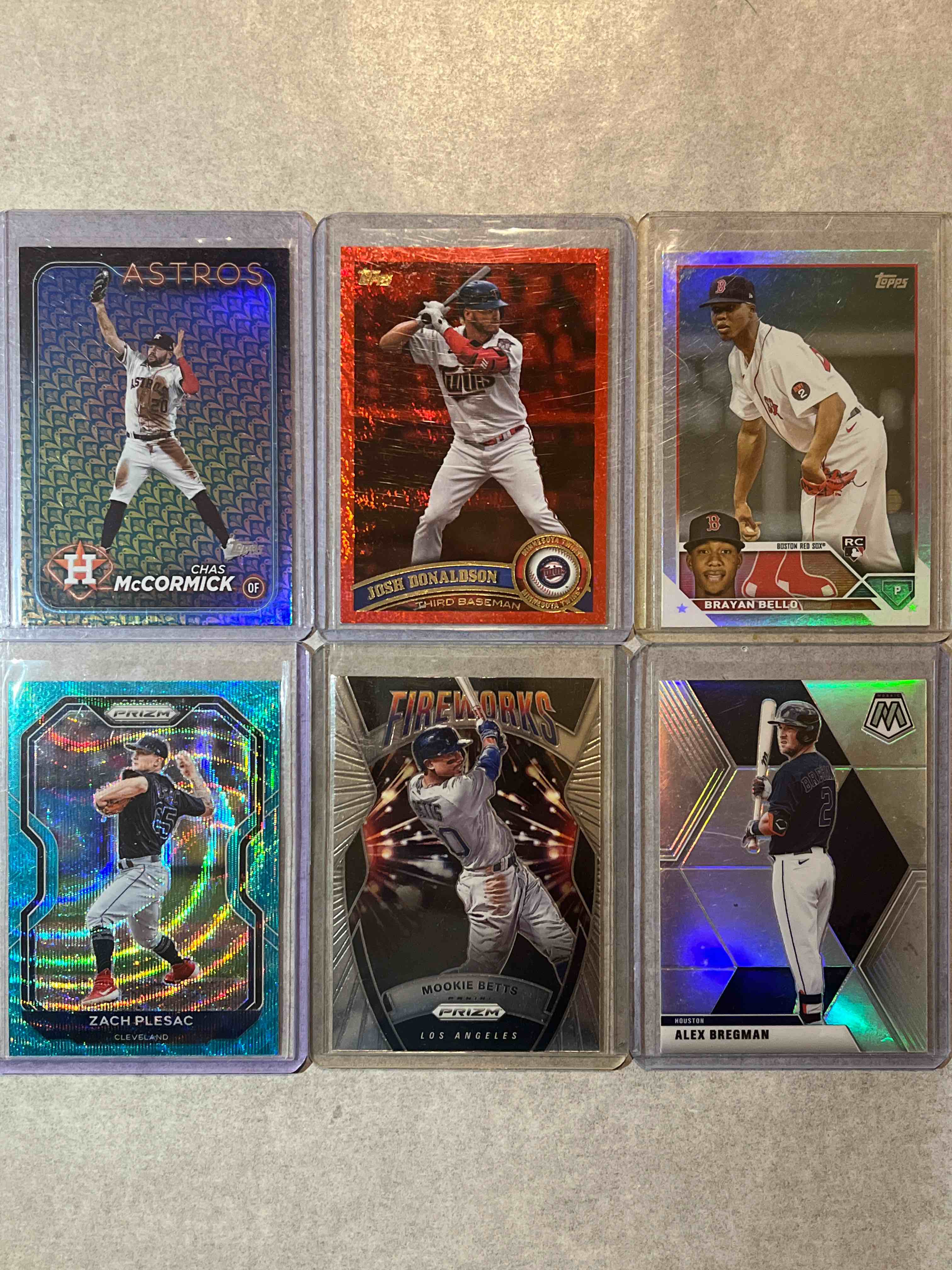 (6) Card lot Modern Baseball Cards- Stars & Rookie Parallels! Topps Red Speckle Josh Donaldson #d 09/50, Panini Prizm Fireworks Mookie Betts & more!!