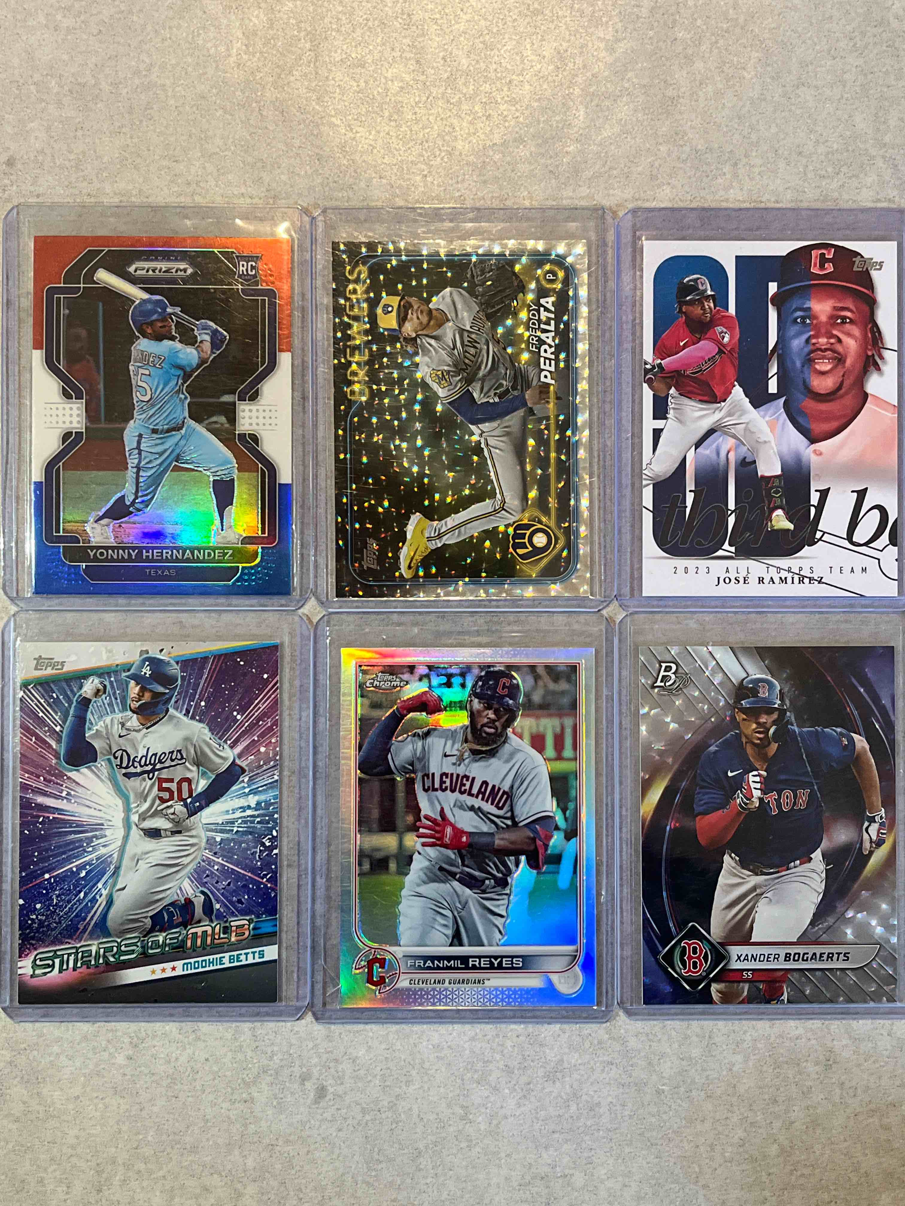 (6) Card lot Modern Baseball Cards- Stars & Rookie Inserts & Parallels- Prizm Silver, Shimmers & Refractors- Topps Chrome, Bowman Platinum & Panini Prizm! Freddy Peralta & Mookie Betts! More!!