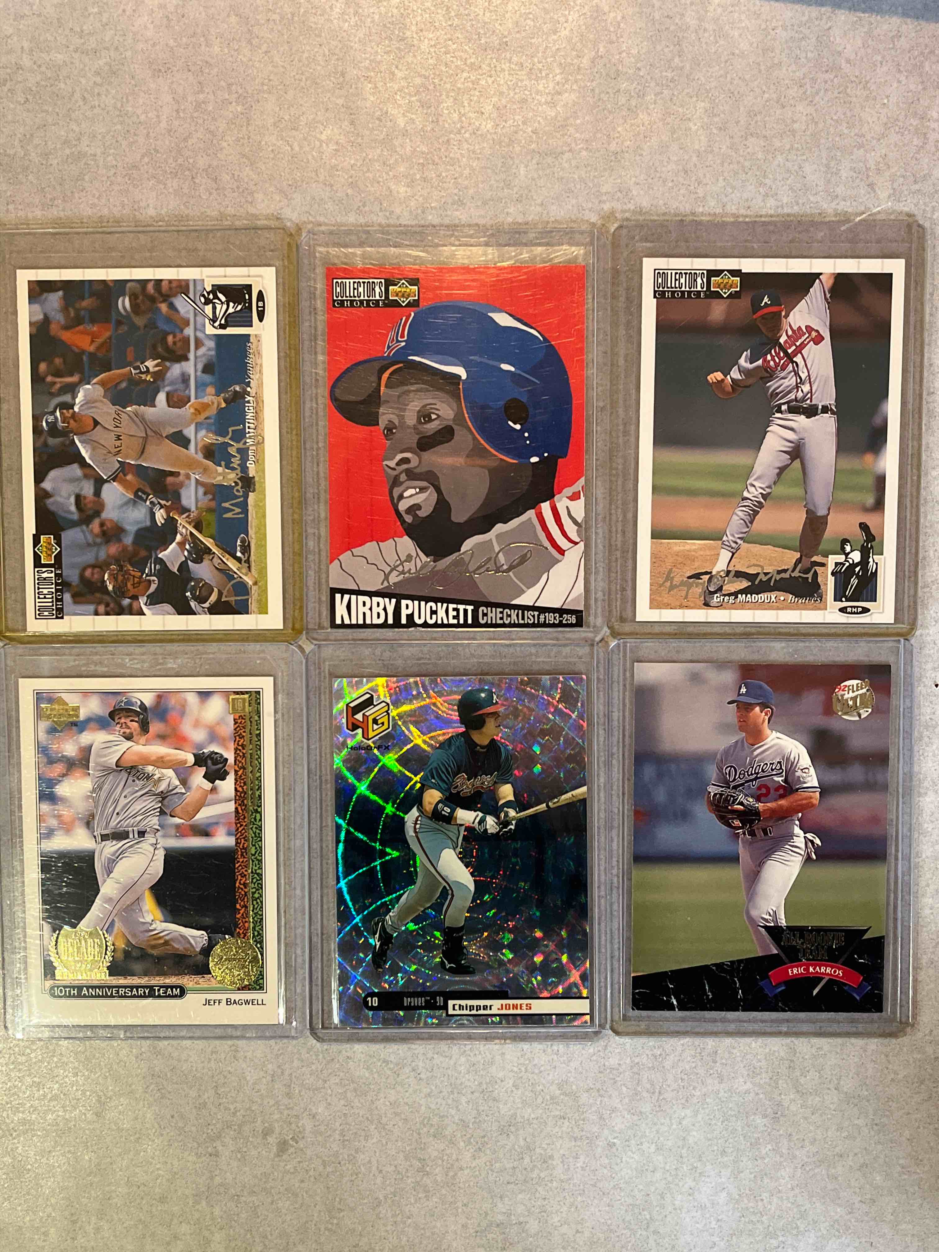(6) Card lot 90’s Baseball Cards- Stars & Rookie Inserts- Upper Deck Collectors Choice & Holo Graphix! FX Chipper Jones! Silver Signature Puckett, Mattingly & Maddux!! 