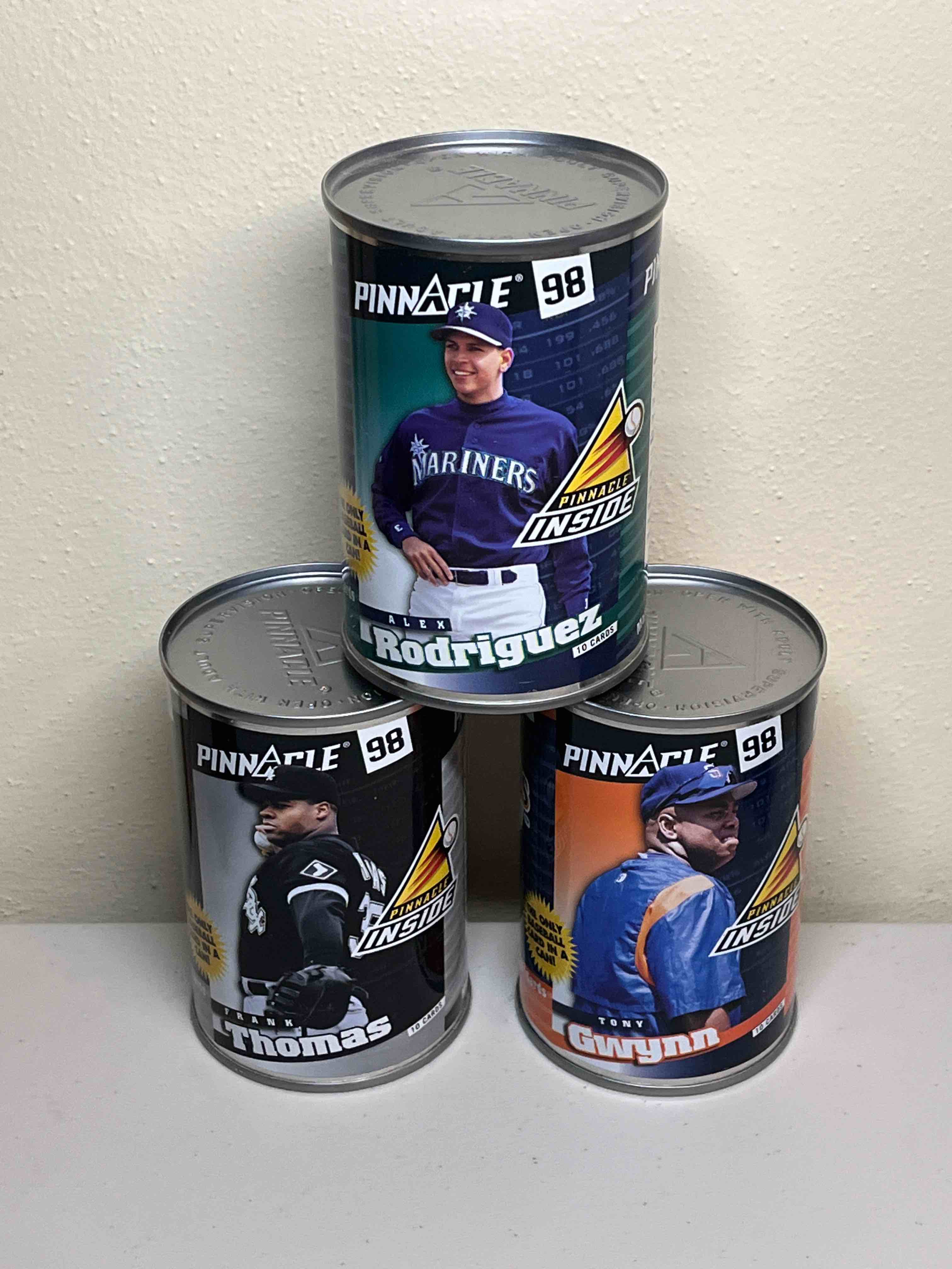 (3) Sealed Collectors Cans 1998 Pinnacle Inside Baseball Cards! Frank Thomas, Tony Gwynn, and Alex Rodriguez Collectible Cans! Each can contains 10 cards! Rare Diamond Edition Inserts!!