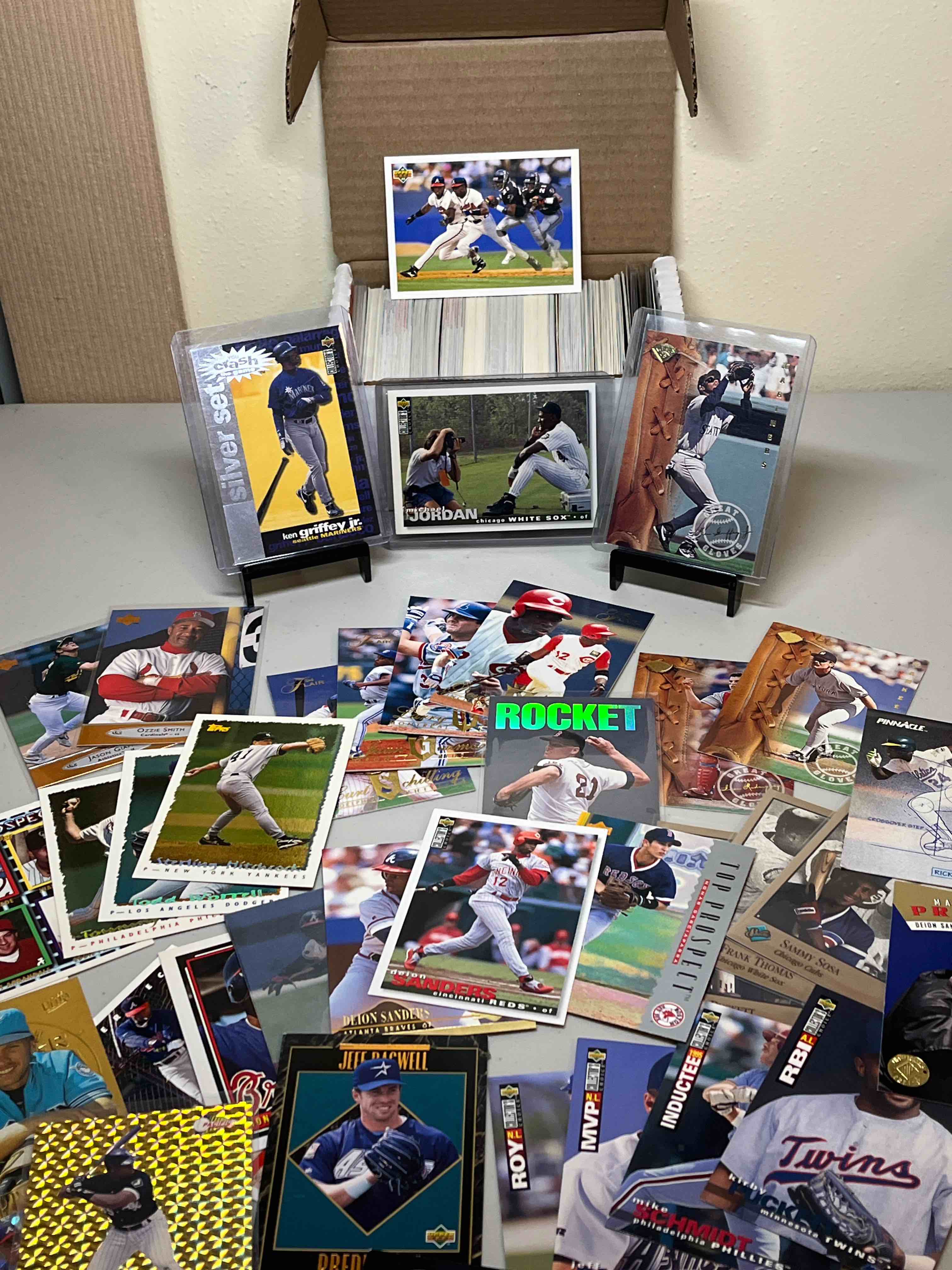 Mixed Lot of 1990’s Baseball Cards- Ken Griffey Jr. Inserts & Silver Parallels!! Michael Jordan Baseball Card! Pacific Prizms, Fleer Ultra Gold Medallion, Topps Cyber Stats, & More!!!