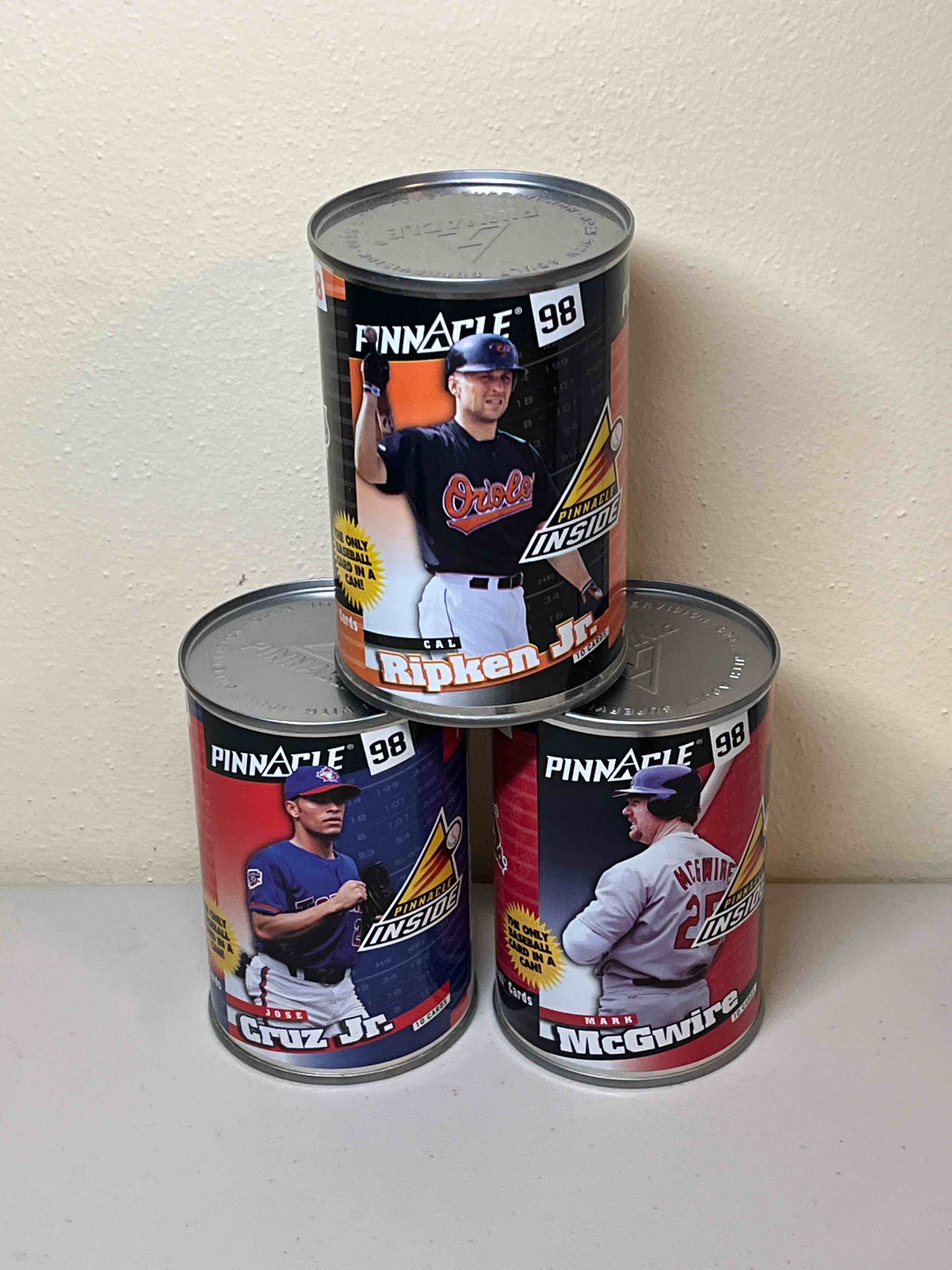 (3) Sealed 1998 Pinnacle Inside Collector’s Can Baseball Cards- Sealed Packs! Rare Collectors Cans of Cal Ripken Jr., Mark McGwire, and Jose Cruz Jr. Look for super rare Diamond Edition Inserts and more!!
