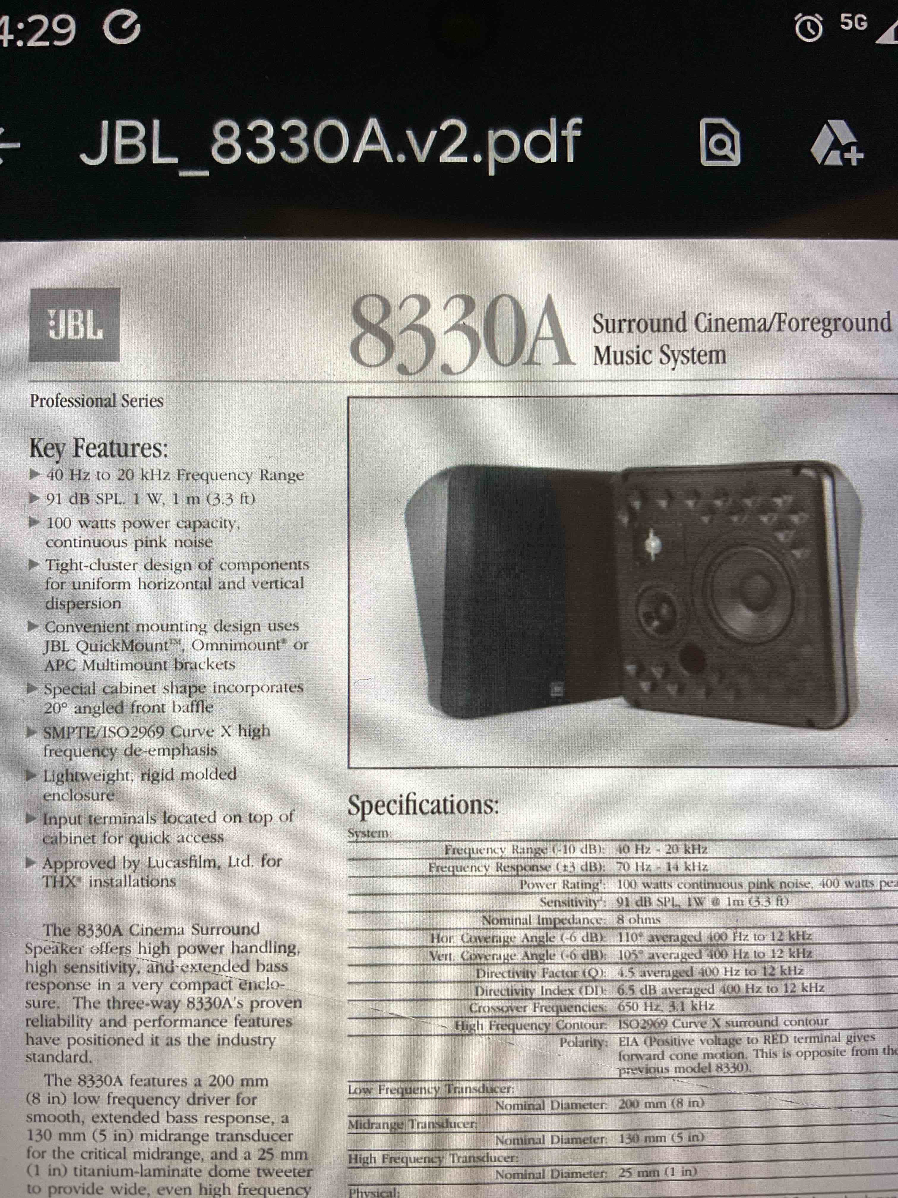 JBL Professional Cinema Surround Speaker 8330A