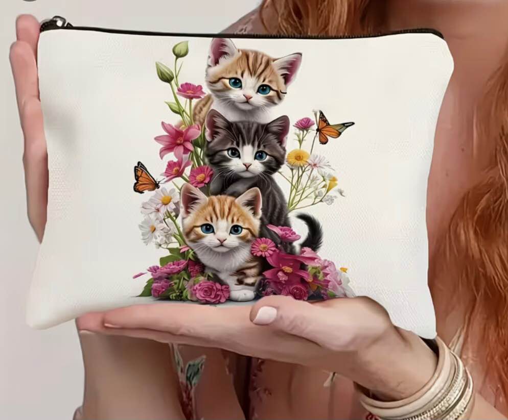 Condition photo showing New/Like New for Vibrant Floral Design with Blue-Eyed Kittens - Adorable Cat Makeup Bag - Portable Polyester Toiletry Bag with Simple Zipper - Ideal for Cosmetics, Phone, and Small Items - Perfect Christmas, Halloween, Thanksgiving Gift for Cat Lovers and Makeup Enthusiast