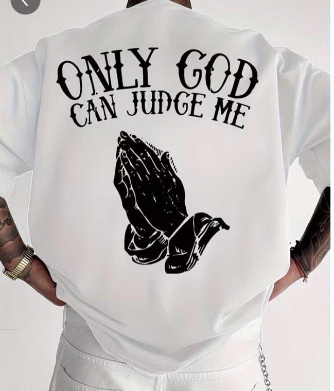Condition photo showing New/Like New for Men'S Casual Short Sleeve T-Shirt - "Only God Can Judge Me" with Prayer Hands Print, 100% Breathable Knit Fabric, Regular Fit Round Neck Design, Perfect for Summer Outdoor Sports & Casual Attire