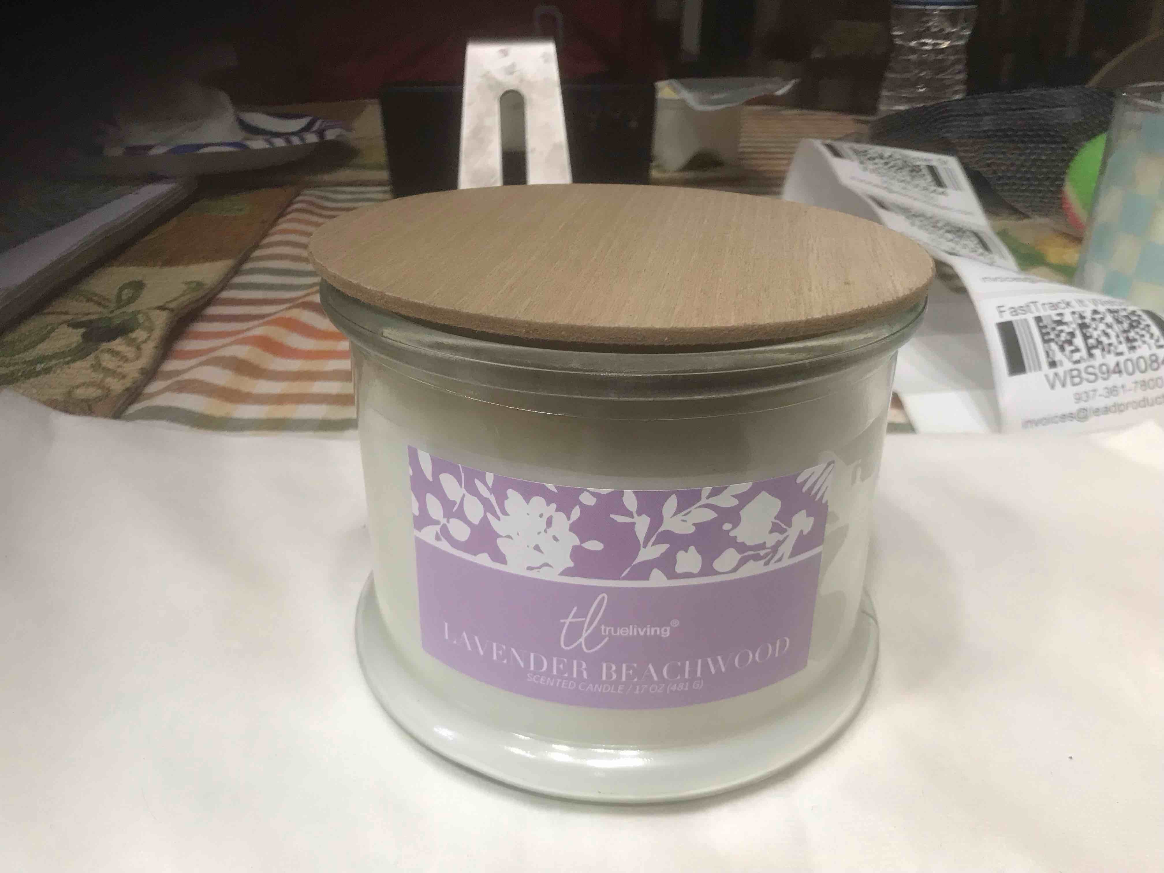 Condition photo showing New/Like New for lavender Beachwood 17 ounce candle