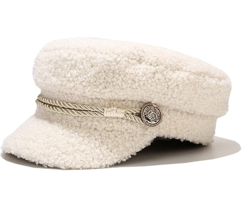 acogo Fashion Lambswool Newsboy Cap Ladies Casual Keep Warm Flat Top Hat Female Autumn Winter Military Cap Women Beret White
