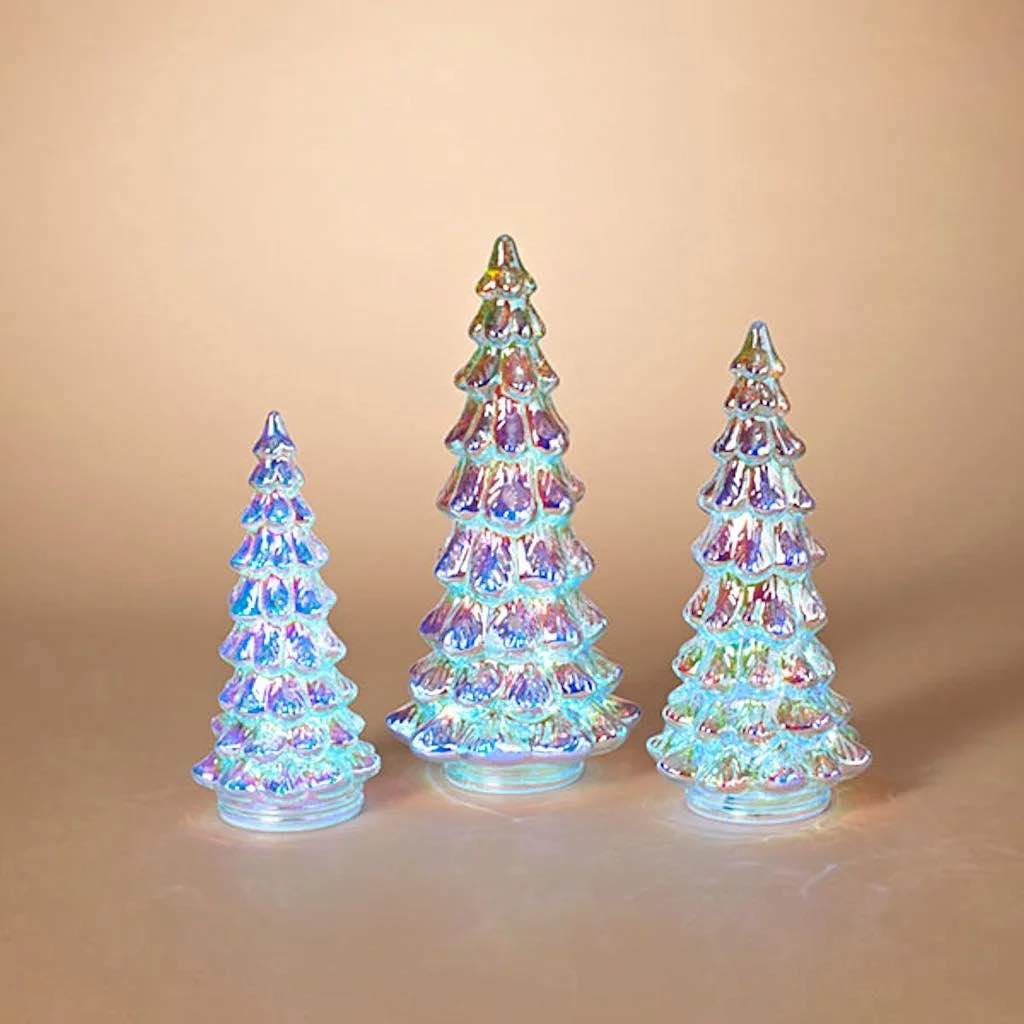 Set of 3 Iridescent Light-Up Glass Trees 