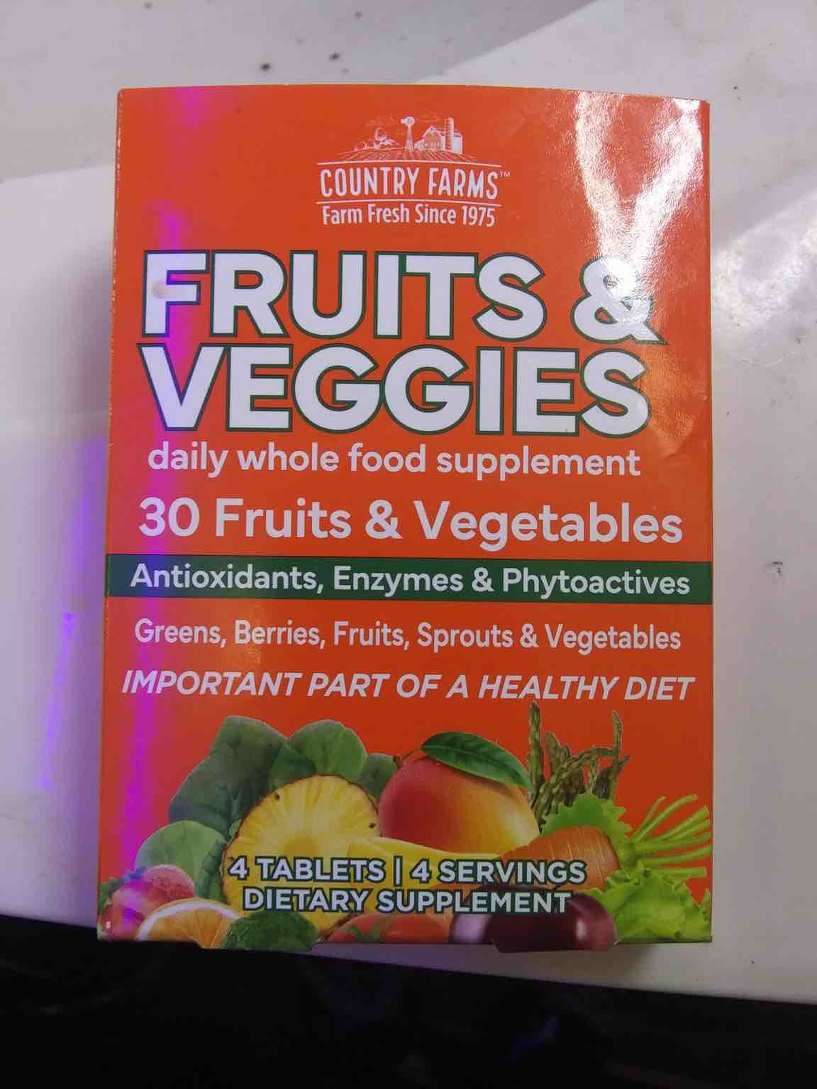 Country Farms - Fruits & Veggies - 30 Fruits & Vegetables - daily whole food supplement - 4 tablets (pack of 4)