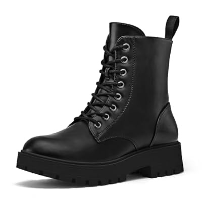 mysoft size 7.5 Women's Combat Boots Lace-Up Platform Ankle Booties Chunky Low Heel Side Zipper Shoes