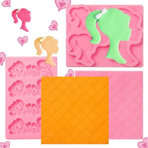 3 Pcs Hot Pink Barbie Girl Theme Cake Decoration Fondant Mold, Princess Doll Head Letter Silicone Molds, for Princess Party Cupcake Topper, Chocolate, Candy, Flower Paste, Plaster, Dough, Resin Clay(Color: P-144)