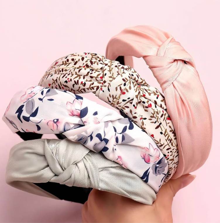HIFANMM 4 Pcs Flower Headbands Spring Summer Wide Fabric Hair Bands for Women Girls, Pink Green Solid Color Elegant Hair Accessories, Non Slip Fashion Hair Decoration Wedding Party Supplies Hair Hoop