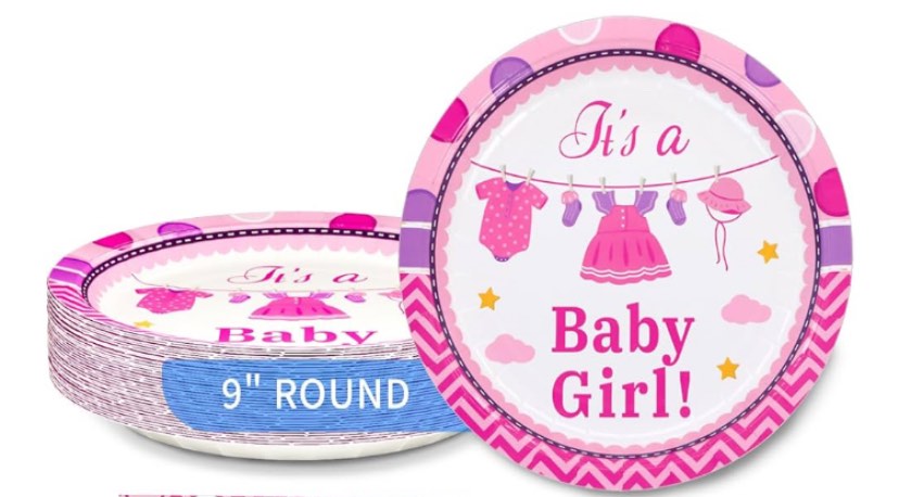 DYLIVeS Pink Baby Girl Shower Disposable Tableware - Paper Dinner Plates 2 sizes for Gender Reveal, Birthday Party Supplies and Decorations - Serves 16
