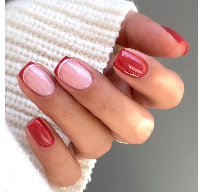 BELSITA French Short Press on Nails Square Christmas Red Fake Nails Gel Acrylic Natural Nails Kits Shiny Long-Lasting Glossy False Nails Tips Artificial Glue on Nails | 12Size,24Pcs