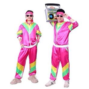 80s Tracksuit Costume for Men, 90s Hip Hop Shell Suit Costume Women 80s Vintage Retro Rave Metallic Jacket Workout Sweatshirt Disco Dance Clubwear Club Night Adult Windbreaker Clothes Sets Pink XL