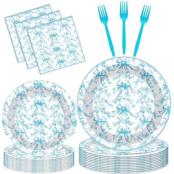 Hokinaa Blue Floral Party Plates - 96 Pcs Wildflower Bow Tableware Decorations, Disposable Paper Plates Napkins Forks, Wedding Bachelorette Bridal Shower Birthday Party Supplies, Serves 24 Guests