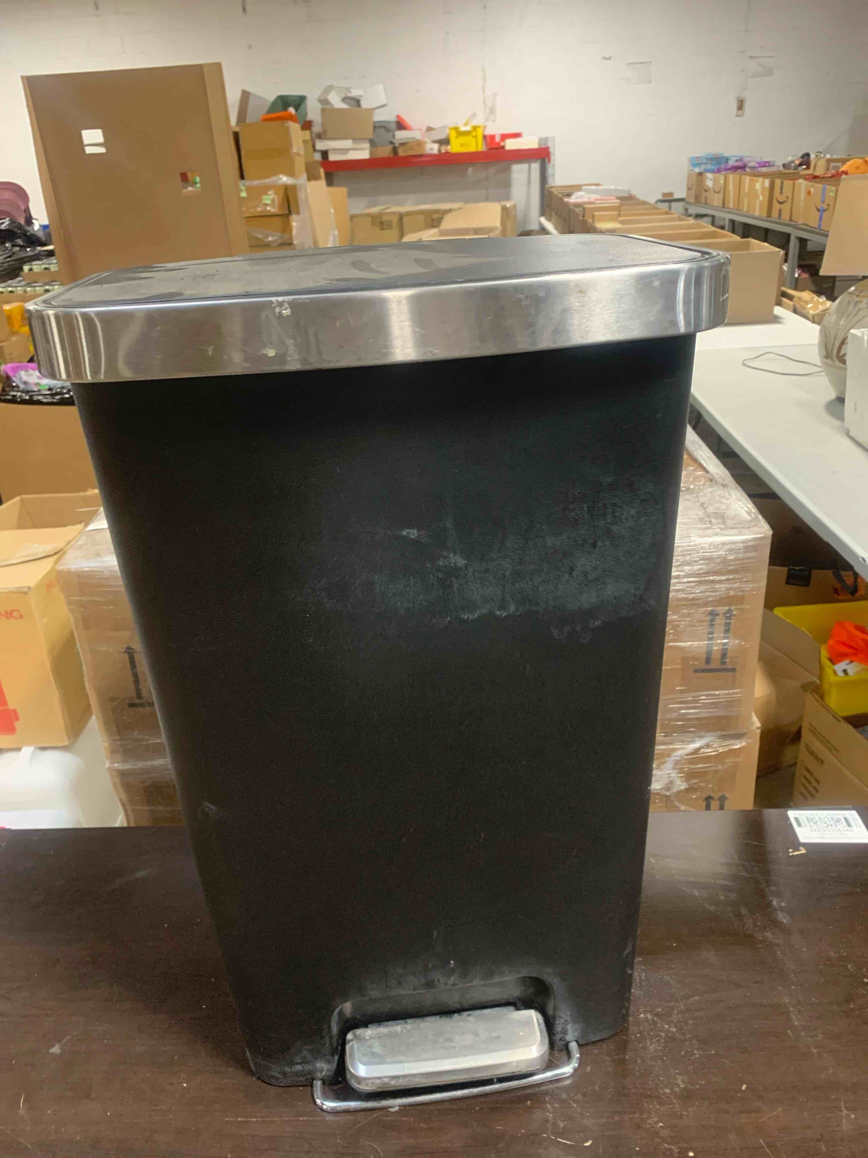 Condition photo showing As Is for Mczan Kitchen Trash Can, 11.9 Gallon, Plastic Step-on Pedal Garbage Bin, Black