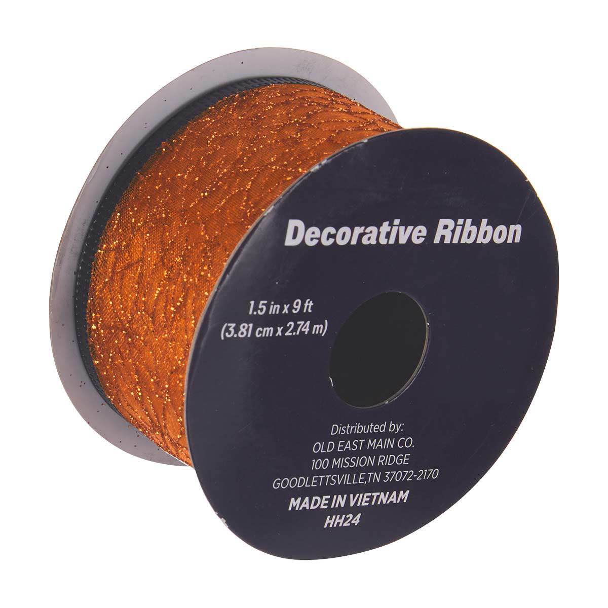 Decorative Orange Glitter Ribbon, 1.5 in x 9 ft