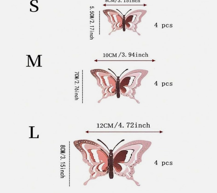 edible butterfly cake or wall decor, 12 pcs 3 styles 3 sizes, removable metallic wall decor sticker room mural decals