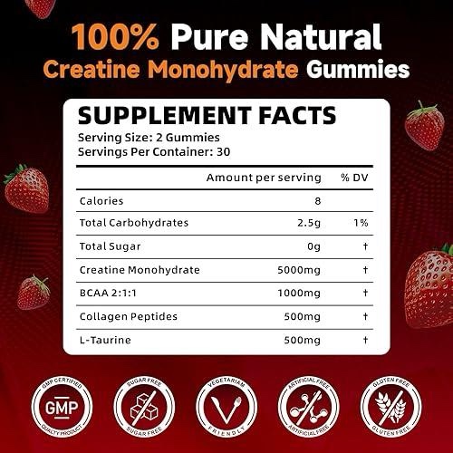 Condition photo showing Brand New for BVIVLOO 5000mg Creatine Monohydrate Gummies for Men Women: Boost Muscle Strength, Build Muscle, Energy Surge - Vegan, No Sugar, Strawberry Flavor Chewables - 120 Gummies - Color 2pack