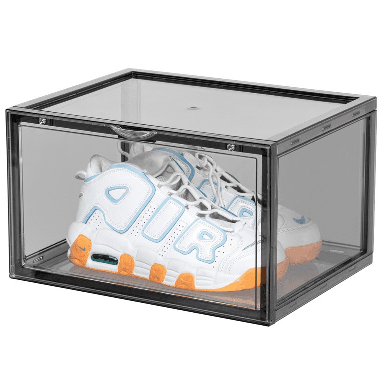 spacecrafters shoe storage boxes, stackable, plastic, magnetic side opening shoe organizer, space-saving, black