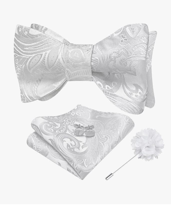 dubulle mens self tie bow ties and lapel pin paisley floral bowtie for men pocket square cufflinks set wedding business ivory white