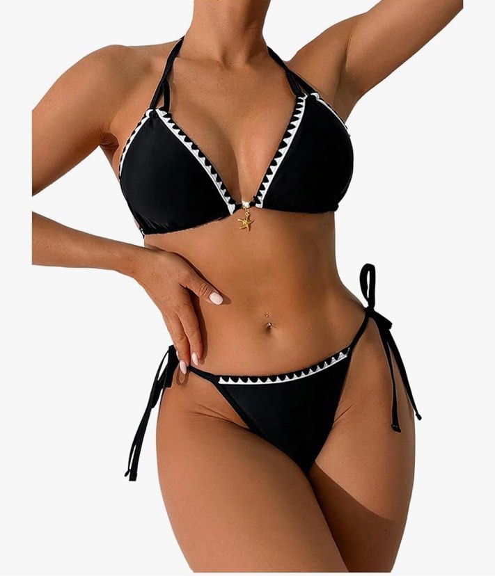 triangle bikini sets for women sexy string thong two piece bathing suit spaghetti strap cheeky solid color swimsuit black large