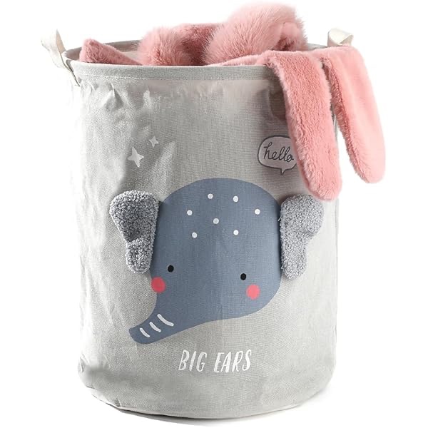 Collapsible Laundry Basket, Cute Animal Laundry Hamper with Handles, Cartoon Nursery Storage Basket Toy Organizer for Kids Girls Boys, Dirty Clothes Basket for Bedroom Bathroom, Grey Elephant