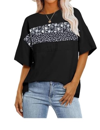 (Medium) EVALESS Oversized Tshirts for Women Trendy Summer Crochet Tops 2025 Crewneck Short Sleeve Shirts Floral Print Tee T Shirts Black