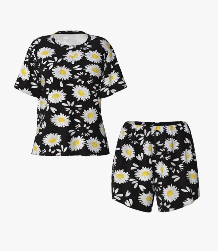 X-Large White Daisy Women's Pajamas Set, Cotton Short Sleeve Sleepwear Top Shorts Pjs Sets Soft Loungewear 