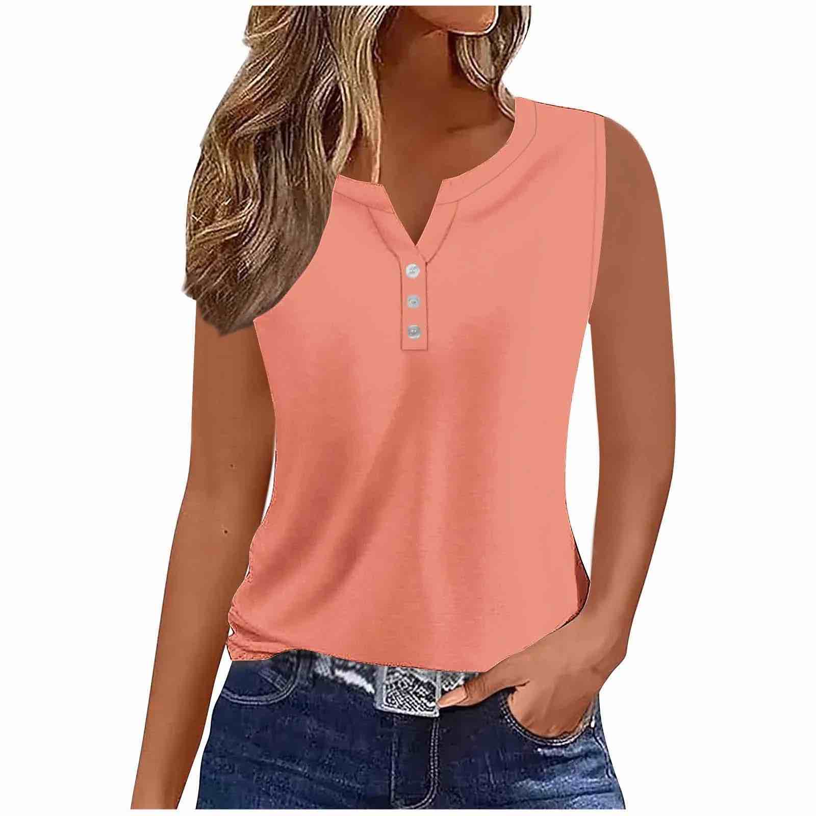 WIHOLL XL Women Summer Tops Short Sleeve Shirts V Neck Button Dressy Casual Pleated Blouses Fashion Outfits (coral)