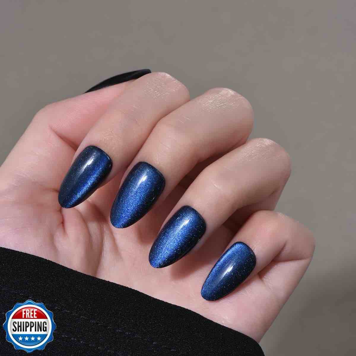 Stbisen Cat Eye Press on Nails Short Almond, Gold Press-On Nails Almond, Fashion Gel Fake Nails, Reusable Acrylic Fake Nails, Glossy Stick on Nails for Women Gift, Glue on Nails Kit, Starlit Abyss