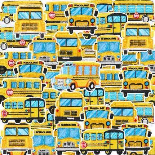 48 Pcs School Bus Iron on Patches Back to School Embroidered Clothes Patches Appliques Machine Embroidery Needlecraft Projects Boys Girls Kids DIY for Backpacks