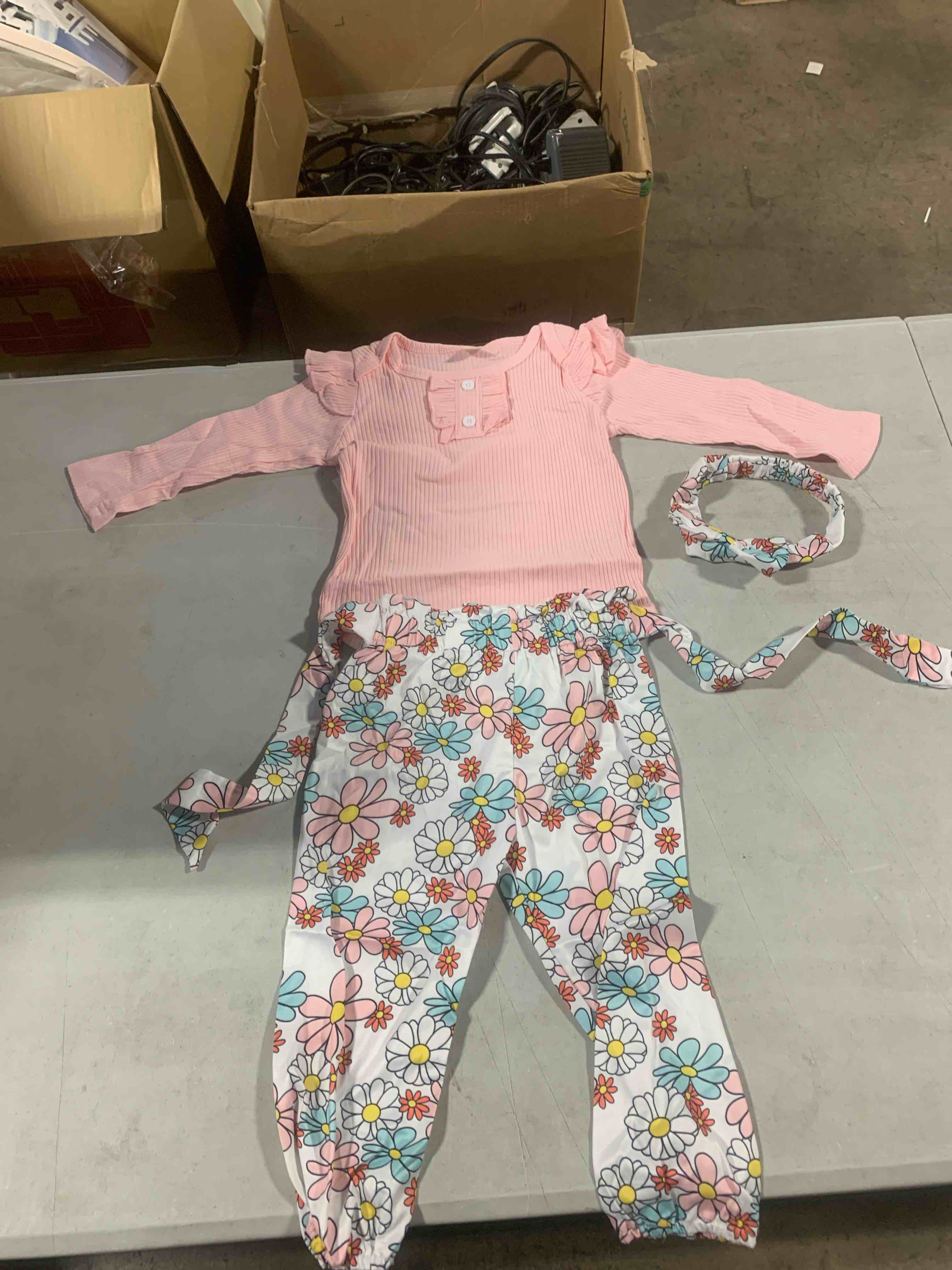 Kislio (size 3T) Newborn Baby Girls Clothes Ribbed Ruffled Romper+Floral Pants+Headband Infant Outfit Set