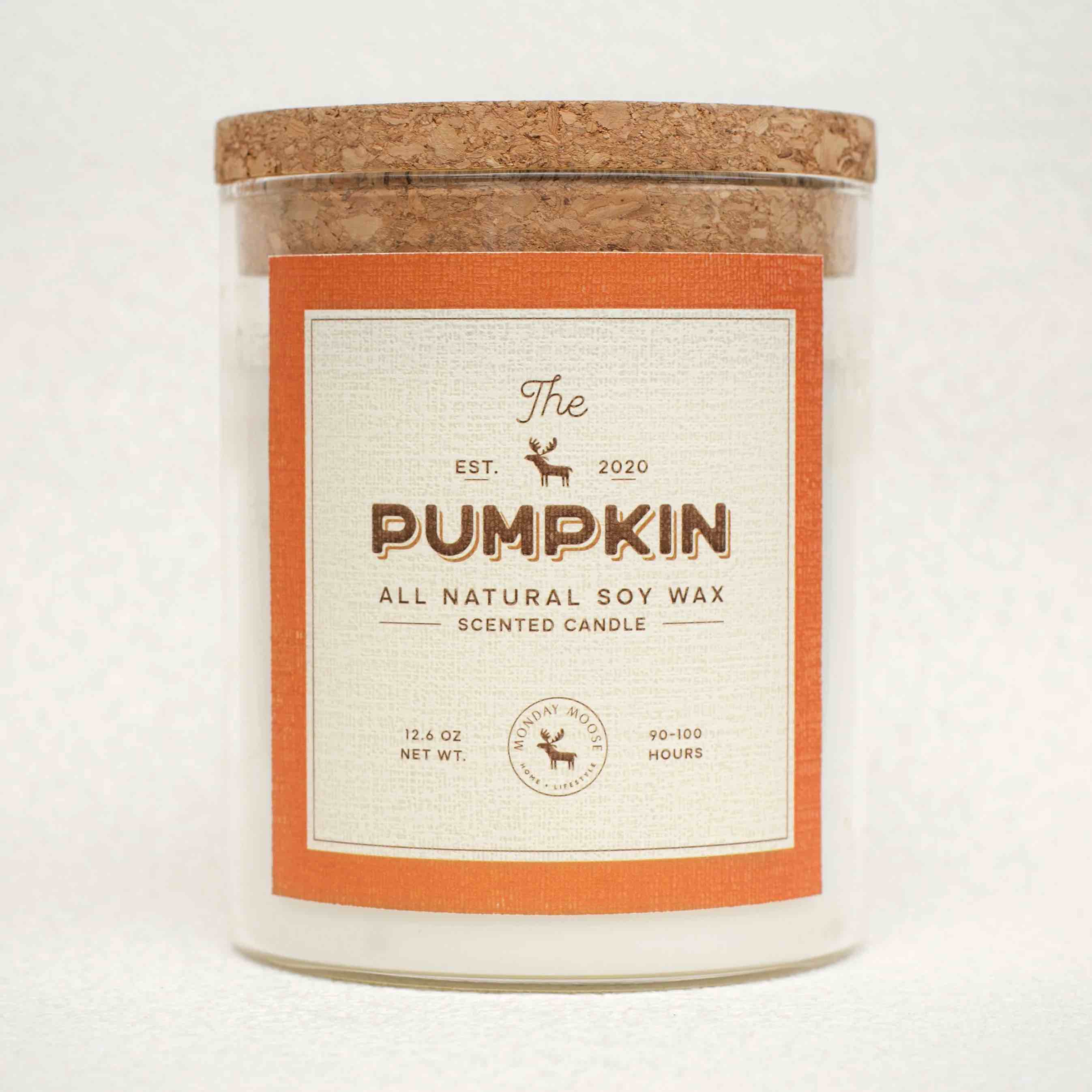 monday moose scented candle, 12.6oz all-natural soy wax cotton wick candle glass jar and cork lid with essential oils (pumpkin)