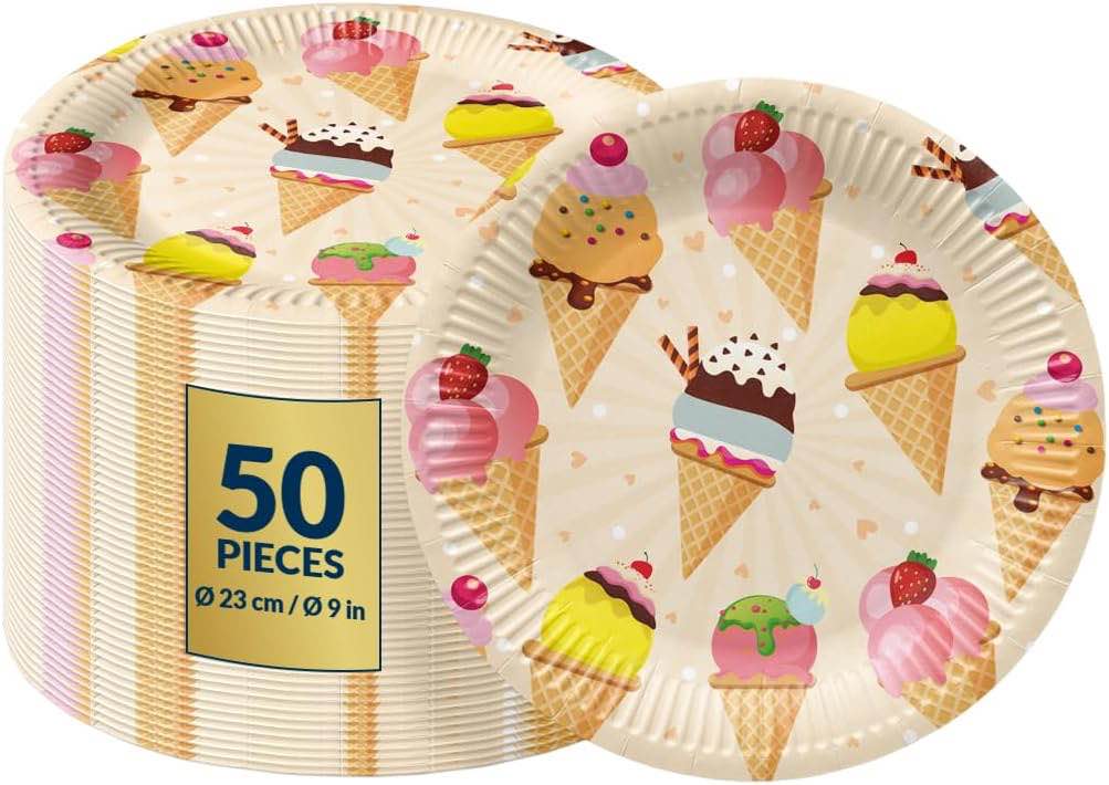 PAW - Disposable Paper Plates (9 Inch, 50-Pack), Fun & Colorful Themed Party Plate for Birthday, Kids Party, Picnic, Soak Proof Plates Ideal for Children's Parties - Ice Cream Design