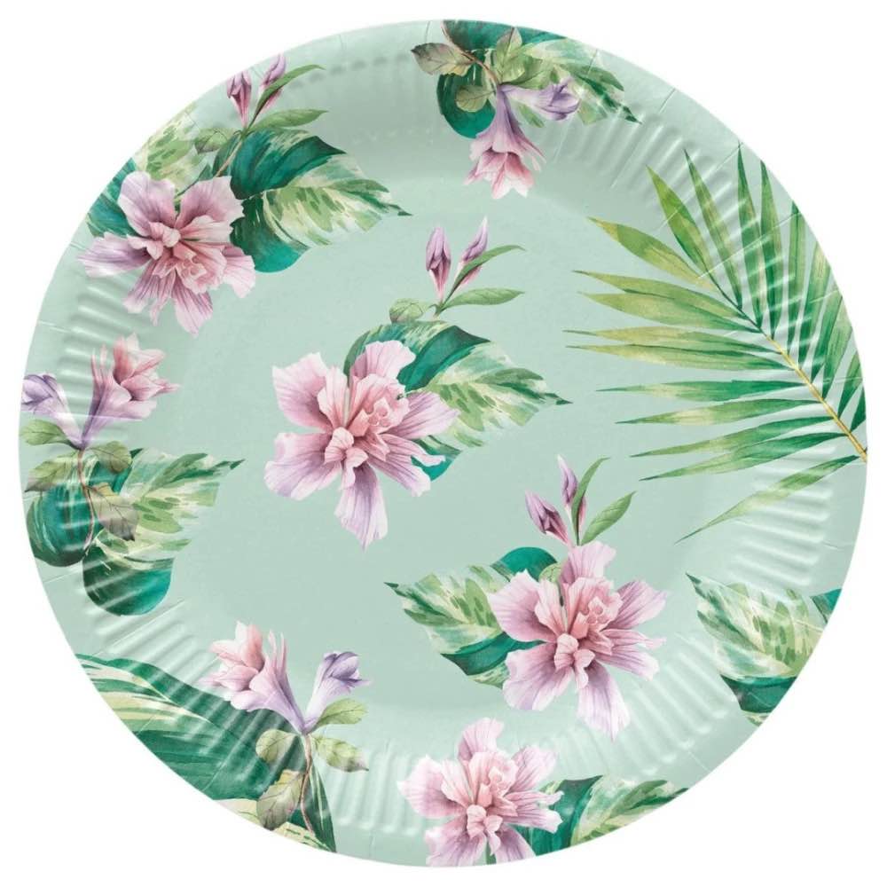 PAW - Disposable Paper Plates (9 Inch, 50-Pack), Fun & Colorful Themed Party Plates for Birthday, Kids Party, Picnic, New Year's Eve, Soak Proof Plates Ideal for Children's Parties - tropical