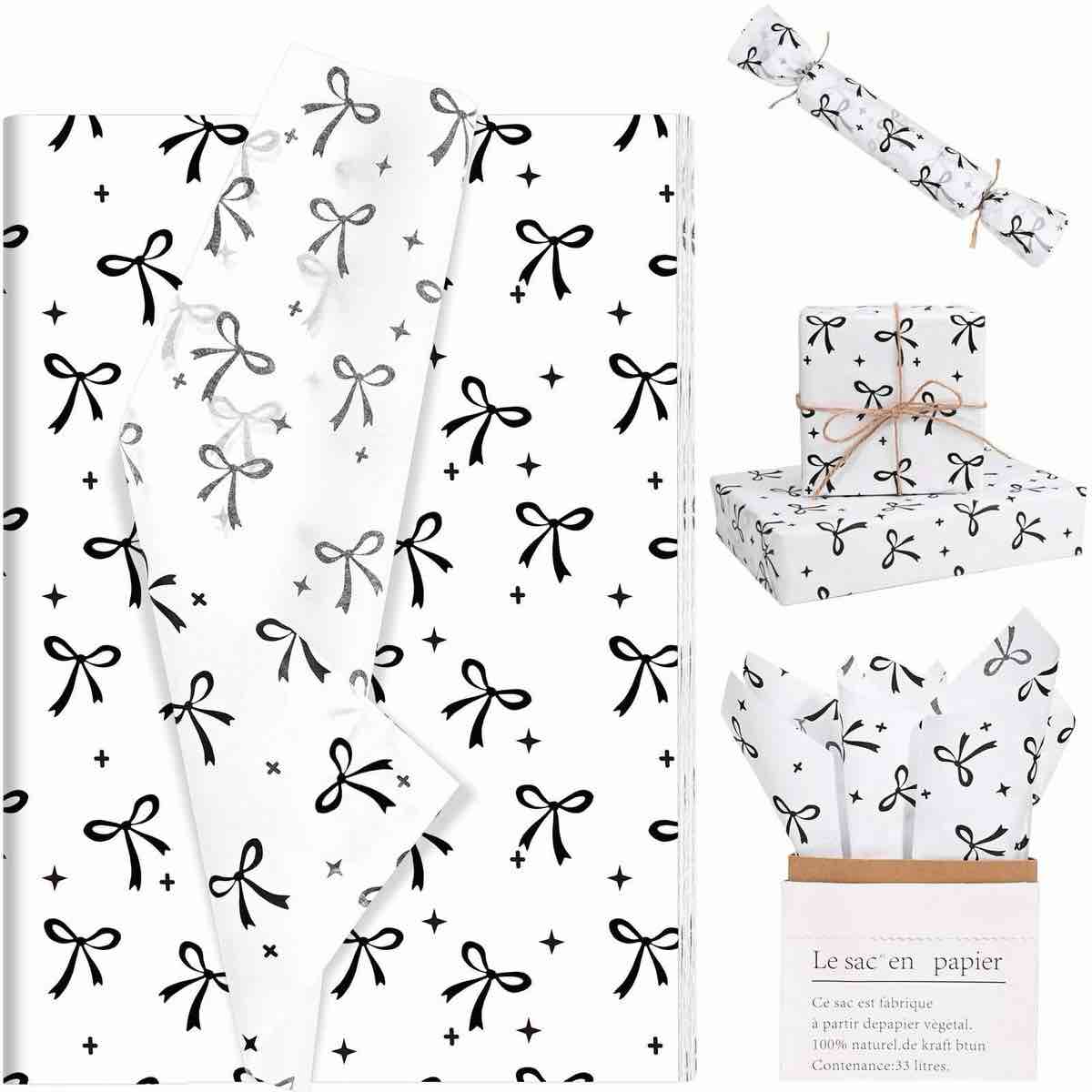 Pineraap 100 Sheets Black Bow Tissue Paper, Cute Bowknot Printed Gift Wrap Tissue Paper Decorative Art Paper for Gift Packing Birthday Baby Shower Wedding Party DIY Crafts, 14 x 20 Inch