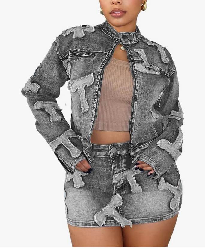 Molilove 2 Piece Denim Skirt Jacket Set Women Zipper Jacket Top Elastic Waist Skirt with Pockets Sweatsuit Tracksuit Sets