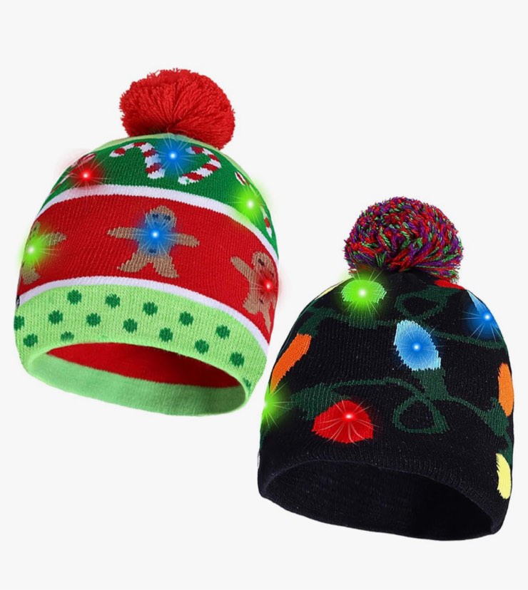 2 pack christmas led light-up knitted beanie hat colorful flashing holiday xmas christmas party supplies(one size fits more)