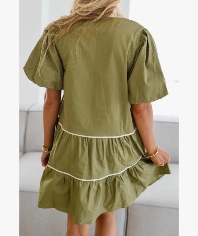 Condition photo showing Brand New for sz Large Women's Cute Short Puff Sleeve Contrast Mini Dress