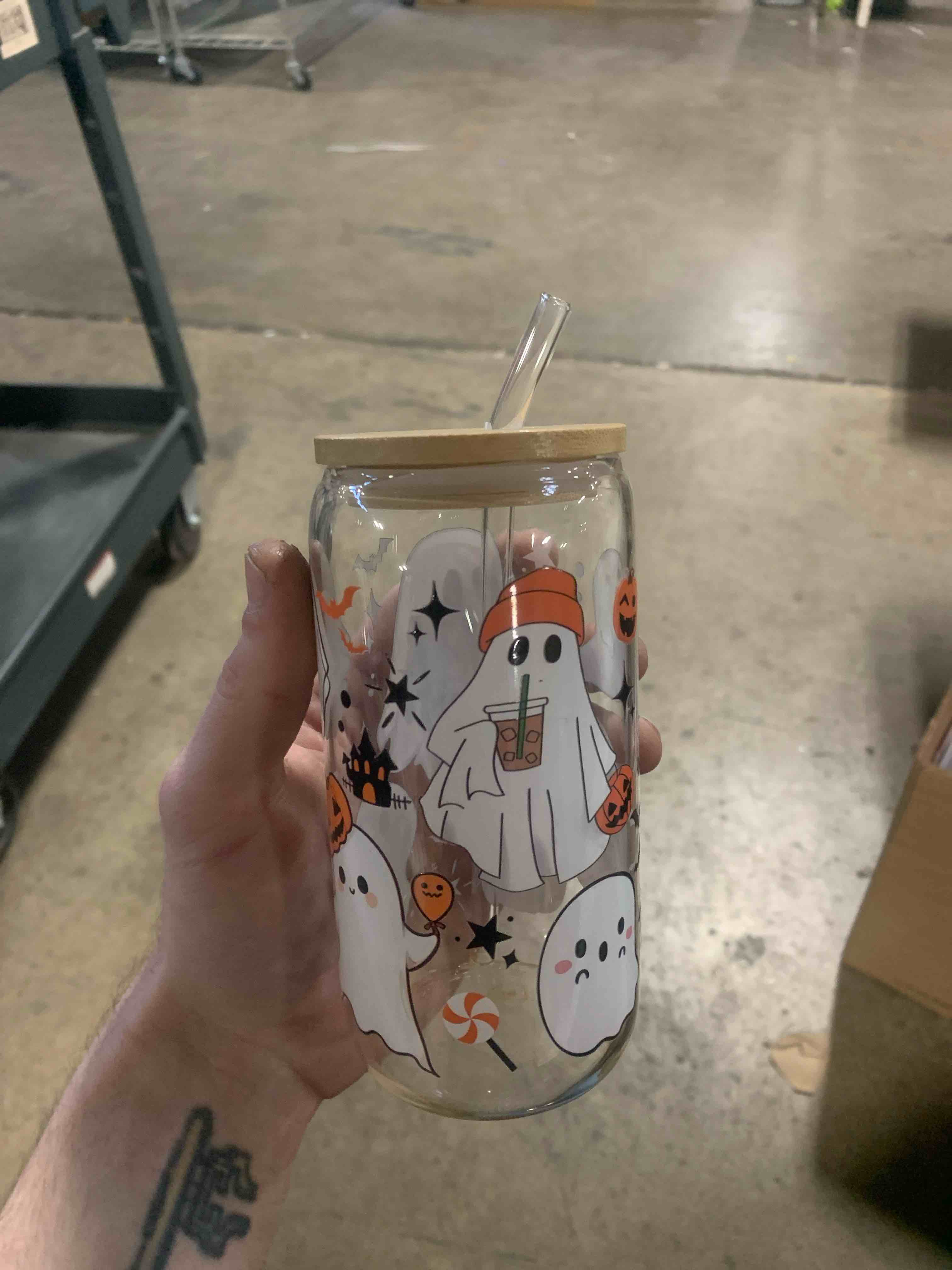 Condition photo showing As Is for Ghost Themed Glass Tumbler w Lid and Straw