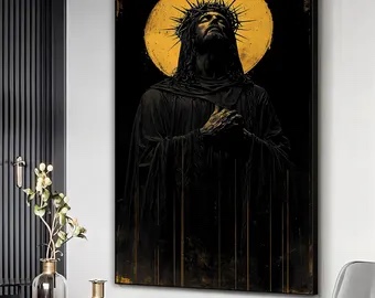 Condition photo showing New/Like New for 16” x 12” Jesus Crown of Thorns Canvas Print, Black and Gold Christian Wall Art, Modern Religious Decor, Passion of Christ Canvas, Faith-Based Artwork