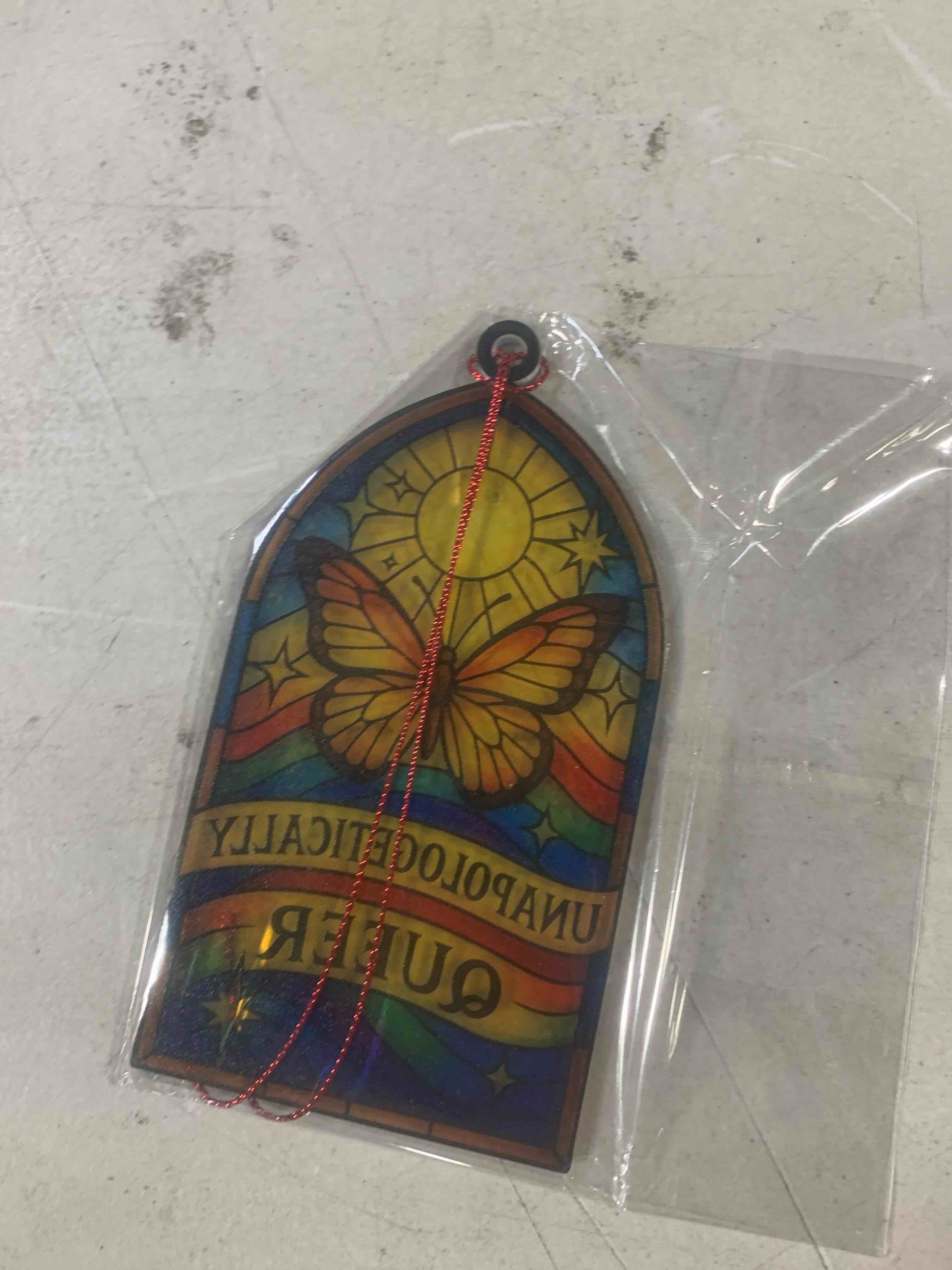 Condition photo showing New/Like New for Unapologetically Queer Ornament – Pride Butterfly Rainbow Gift | LGBTQ+ Stained Glass Effect Suncatcher Window Hanging – Car Charm