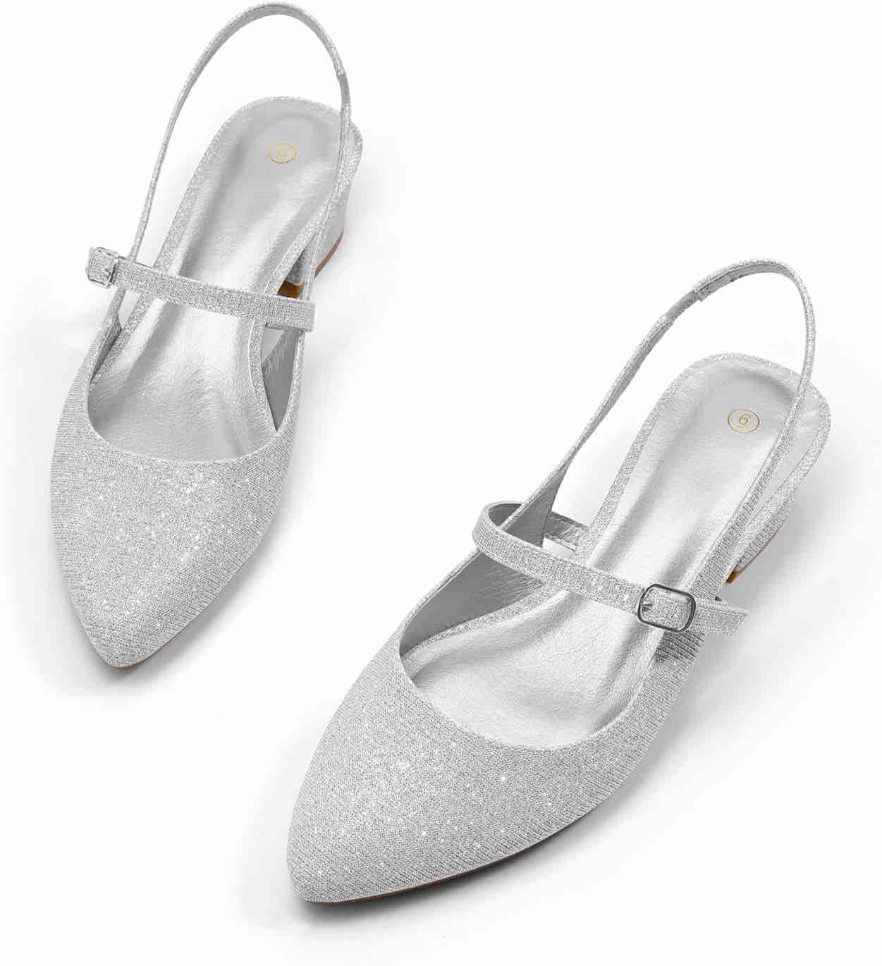 Condition photo showing New/Like New for Size 9 mysoft Women's Mary Jane Pumps Block Low Heel Slingback Shoes Silver