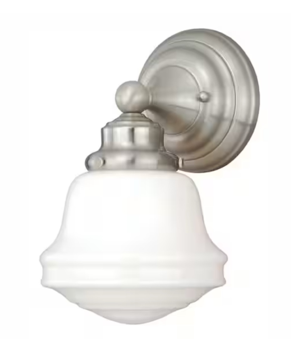 Huntley 6.75 in. W 1-Light Satin Nickel Vanity Light Fixture White Milk Schoolhouse Glass Bathroom Wall Lighting