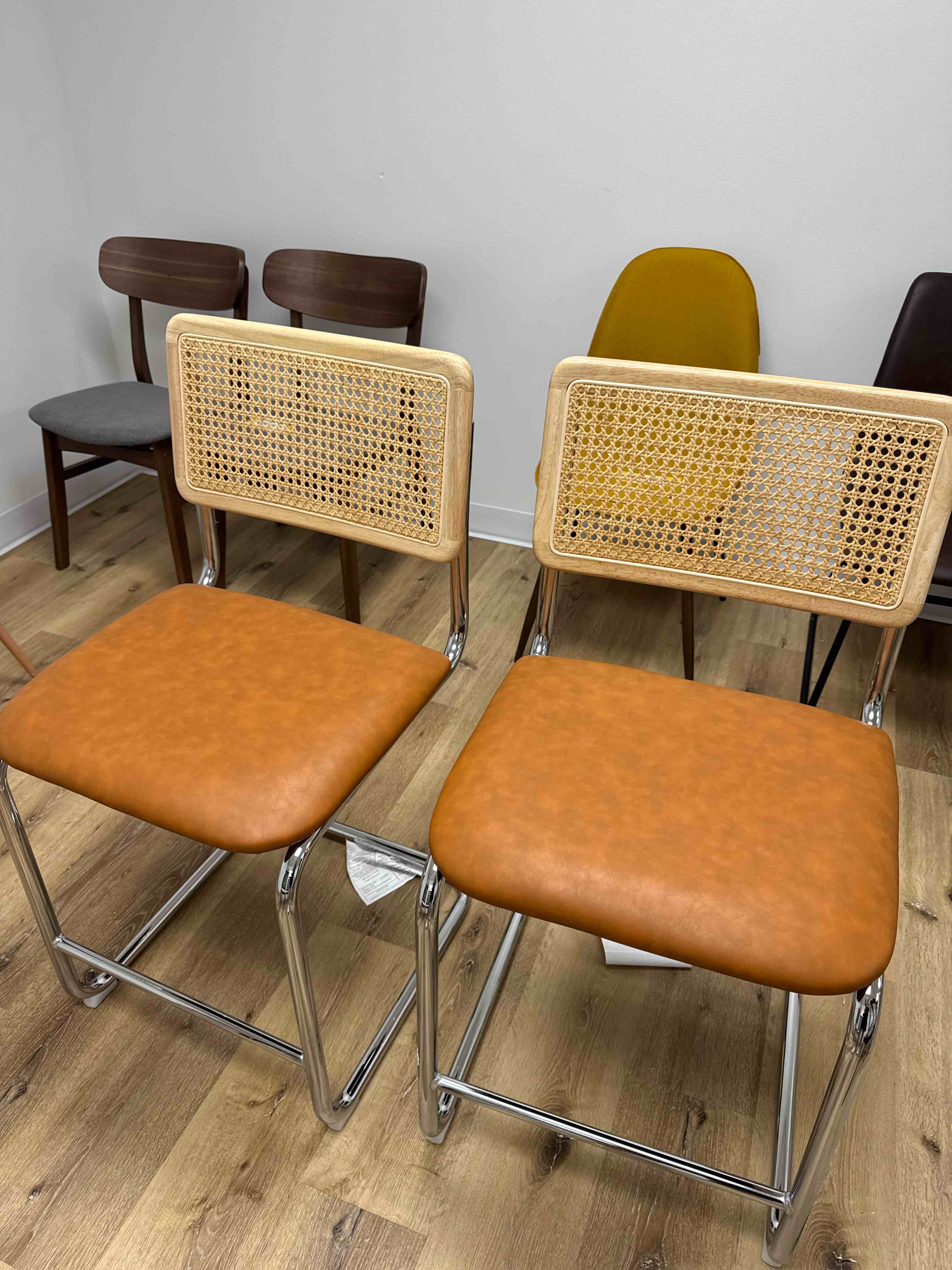 Hayward Cane Back Vegan Leather Counter Height Stool (Set of 2) - Chrome Frame New Unused